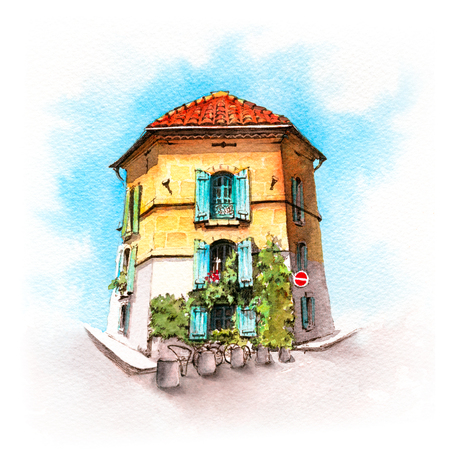 Watercolor sketch of typical Provencal house in sunny summer day, Arles, Provence, Franceの写真素材
