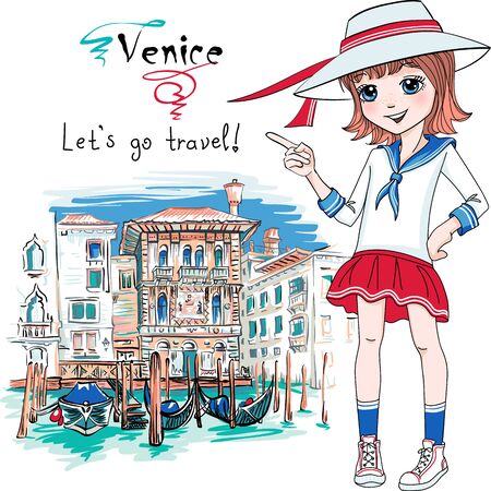 Cute fashion girl in Venice, Italia.のイラスト素材