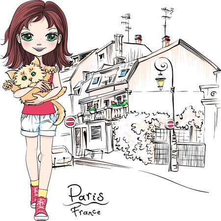 Vector cute girl with cat in Paris, Franceのイラスト素材