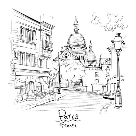 Vector black and white sketch of the Place du Tertre and the Sacre-Coeur, quarter Montmartre in Paris, Franceのイラスト素材