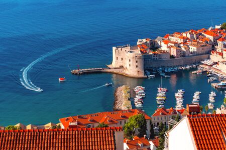 Aerial view of The Old Harbour and Fort St Ivana in Dubrovnik, Croatiaの写真素材