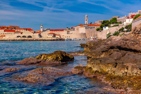 Old Harbour and Old Town in sunny day in Dubrovnik, Croatiaの写真素材
