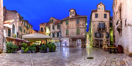 Panoramic view of night Fruit square in the Diocletian s Palace section of Medieval Old town of Split, Croatiaの写真素材