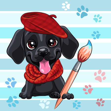 Vector cute little black puppy Labrador Retriever dog artist with brushのイラスト素材