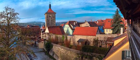 Aerial view from town wall of Weisser Turm and medieval old town of Rothenburg ob der Tauber, part of Romantic Road, Bavaria, Germanyの写真素材