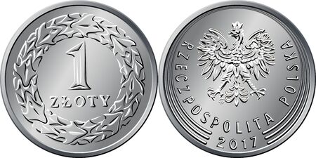 Vector Polish Money One Zloty Silver Coin Reverse With Value And Polish Money One Zloty Silver Coin