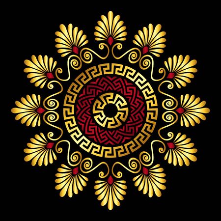 Traditional vintage gold and red circle Greek ornament and floral pattern on black backgroundのイラスト素材
