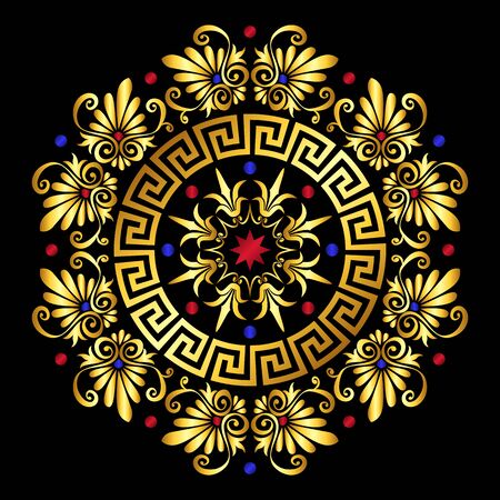 Traditional vintage gold and red circle Greek ornament and floral pattern on black backgroundのイラスト素材