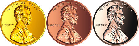 Set of coins made of different metal, USA money one cent or penny, Lincoln cent coin with President...