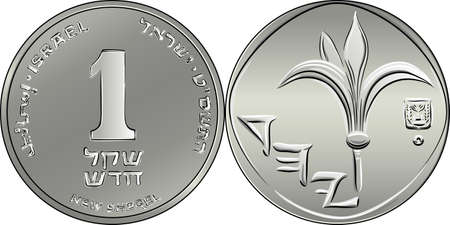 Vector Israeli silver money one shekel coin. Nominal on reverse, lily and Israel coat of arms on obverseのイラスト素材