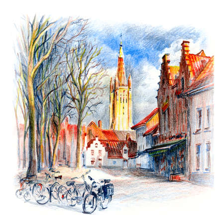 Urban sketch of Bruges square, Church of Our Lady tower on background, Belgium. Drawing with colored pencilsの写真素材