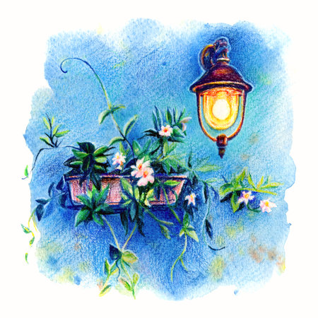 Picturesque lantern and flowers on blue wall of house on the famous island Burano, Venice, Italy. Drawing with colored pencils and watercolorの写真素材