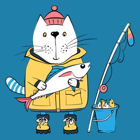 Vector cartoon cat fisherman, ardent angler, in traditional fishing clothes  with a big fish, fishing rod and bucket with its catch