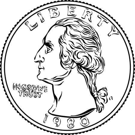 American money, United States Washington quarter dollar or 25-cent Gold coin, first United States president Washington on obverse. Black and white imageのイラスト素材