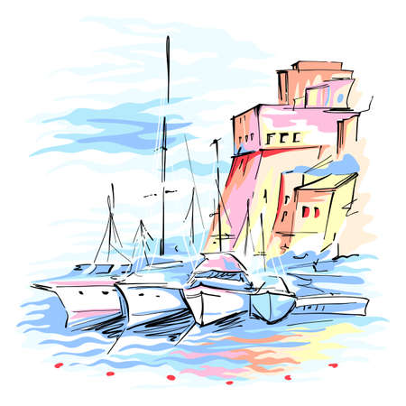 Vector sketch of pier with fishing boats and medieval fortress in Cala Marina, harbour of Castellammare del Golfo, Sicily, Italy.のイラスト素材