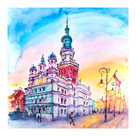 Coplored pencils sketch of Old market square in Poznan, Polandの写真素材