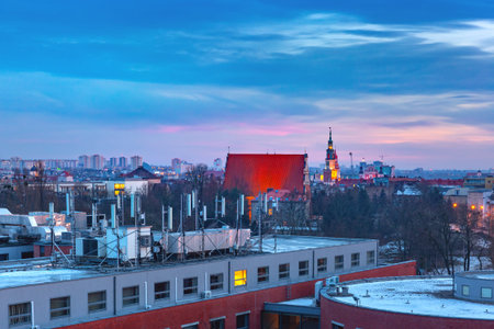 Aerial panoramic view of Poznan with Town Hall at sunset, Poland