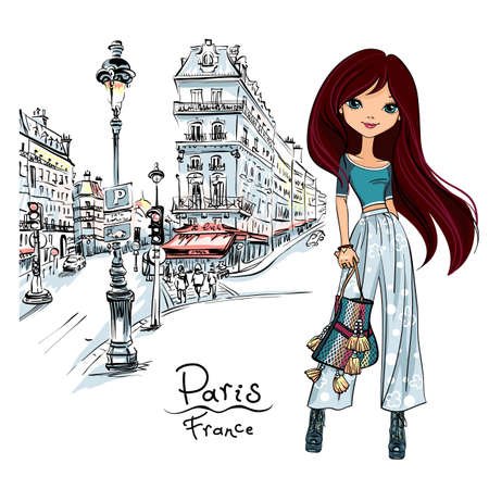 Vector cute brunette girl on a paris street in Paris, Franceのイラスト素材