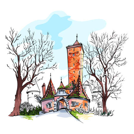 Vector color sketch of Western town gate and tower Burgturm and Stadttor in medieval Old Town of Rothenburg ob der Tauber, Bavariaのイラスト素材