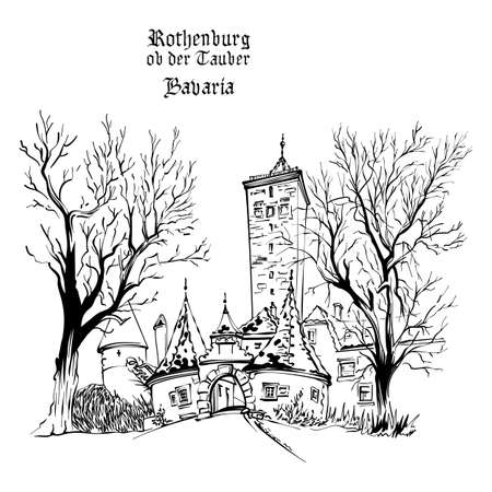 Vector black and white sketch of Western town gate and tower Burgturm and Stadttor in medieval Old Town of Rothenburg ob der Tauber, Bavariaのイラスト素材