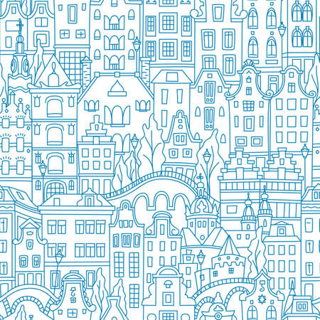 Blue Seamless pattern with Amsterdam canal and typical dutch houses, Holland, Netherlands.のイラスト素材