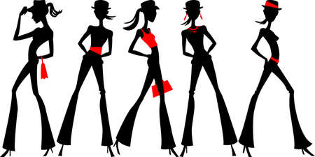 Set of silhouette of fashion girls top models in hats and pantsのイラスト素材