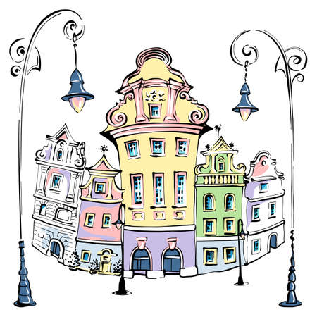 Vector color sketch of cozy houses on Old market square in Poznan, Polandのイラスト素材