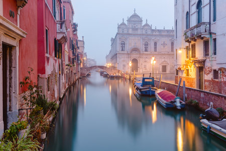 Typical Venetian canal at Saints Giovanni and Paolo square, Venice, Italyの写真素材