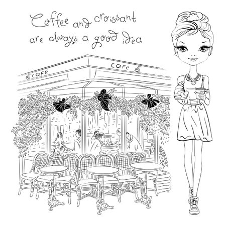 Fashion girl with coffee and croissant near Parisian cafe, Paris, France. Black and white illustration for coloring book.のイラスト素材