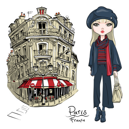 Vector cute blond girl in autumn clothes, headscarf and boots, jacket and jeans in Paris, Franceのイラスト素材