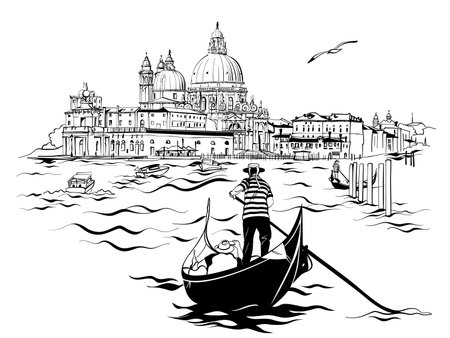 Gondolier in gondola on Grand Canal, Saint Mary of Health in background, Venice, Italy. Black and whiteのイラスト素材