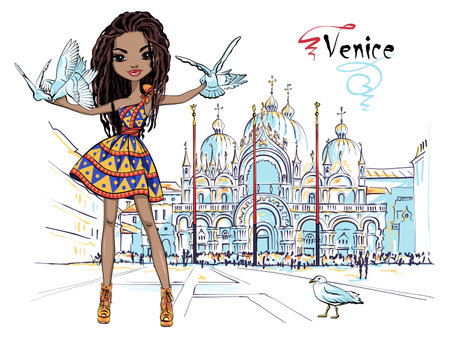 Cute beautiful fashion african girl with pigeons and seagull on St Mark Square, Venice, Italia. Western facade of St Mark Basilica in the backgroundのイラスト素材