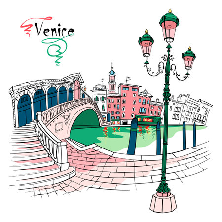 Vector typical venetian streetlight and Rialto Bridge over the Grand Canal in Venice, Italia.のイラスト素材