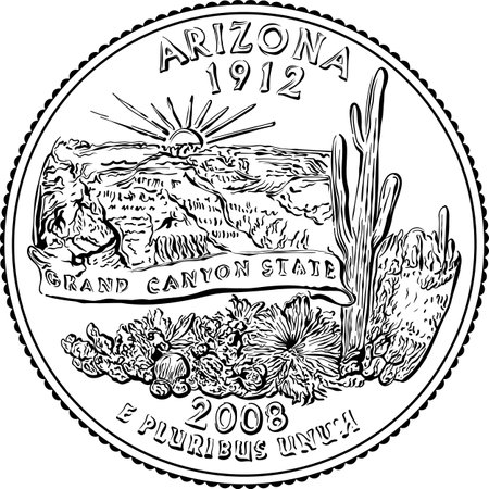 American money, USA Washington quarter dollar Arizona or 25-cent silver coin, Grand Canyon on reverse. Black and white imageのイラスト素材