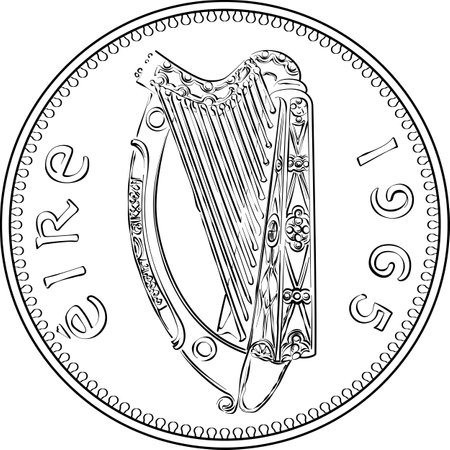 Irish money Pre-decimal gold coin Penny with Celtic harp on obverse. Black and white imageのイラスト素材