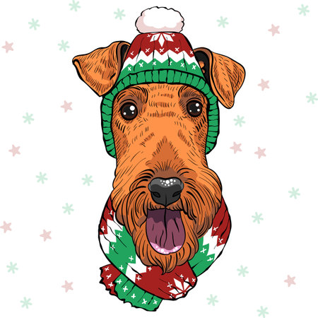 vector fashion hipster dog Airedale Terrier in christmas hat and scarfのイラスト素材