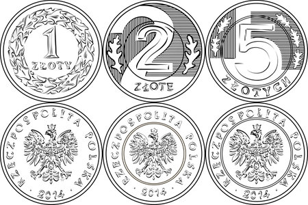 Vector reverse and obverse Polish Money one, two and five zloty gold and silver coins. Black and whiteのイラスト素材