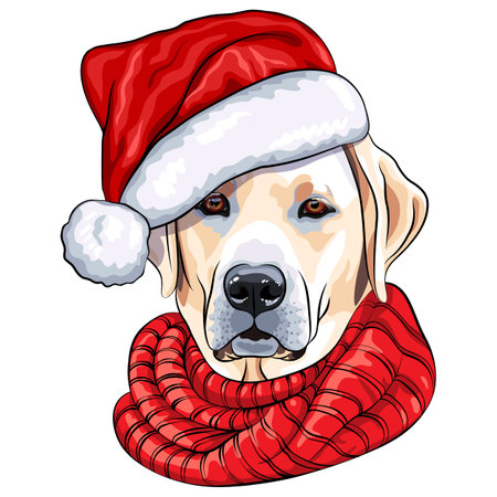 Vector color sketch of puppy dog Labrador Retriever breed in red hat of Santa Clausのイラスト素材