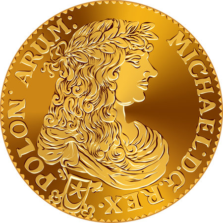 vector obverse of Gold Coin crown zloty by Michal Korybut Wisniowiecki, 1671 with king in laurel wreathのイラスト素材