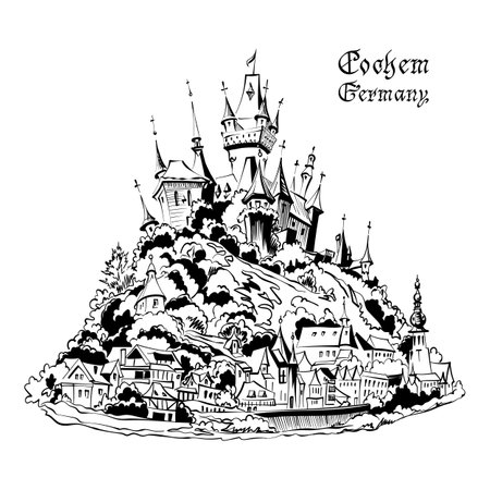 Vector black and white sketch of Cochem, with Reichsburg castle on hill, Germanyのイラスト素材