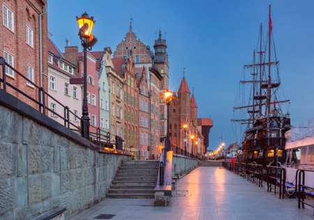 Old Town of Gdansk, Dlugie Pobrzeze and Motlawa River at night, Poland