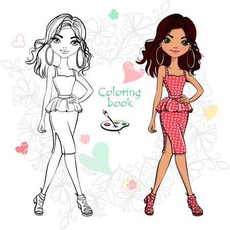 Vector Coloring Book of cute fashion hispanic girlのイラスト素材