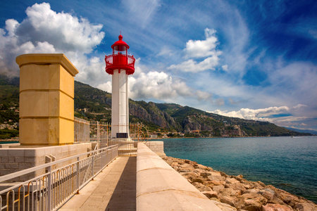 Lighthouse in Old port of Menton, French Riviera, Franceの写真素材