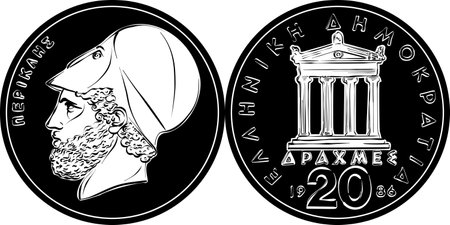 Black and white vector set Greek money, 20 drachmas coin obverse with Pericles, reverse - Parthenonのイラスト素材