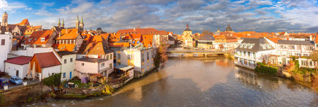 Aerial view of Old town of Bamberg over Regnitz river, Bavaria, Upper Franconia, Germanyの写真素材