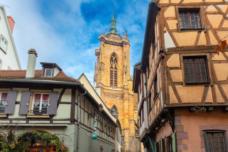 Old town of Colmar, decorated and illuminated at Christmas time, Alsace, Franceの写真素材
