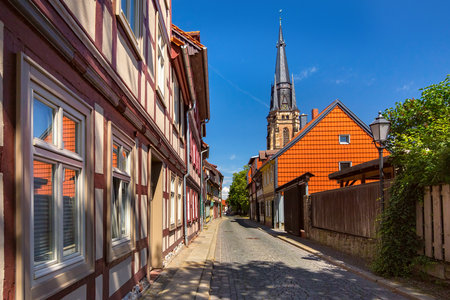 Medieval street with half-timbered houses in Wernigerode, Saxony-Anhalt, Germanyの写真素材