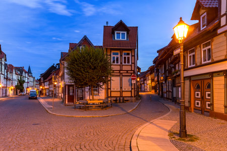 Medieval street with half-timbered houses in Wernigerode at night, Saxony-Anhalt, Germanyの写真素材