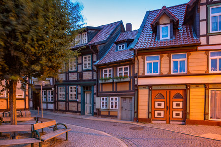 Medieval street with half-timbered houses in Wernigerode at night, Saxony-Anhalt, Germanyの写真素材