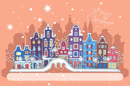 Christmas night city with traditional european houses and Christmas lights, banner 3のイラスト素材